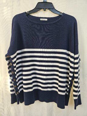 WoolOvers Navy Blue and white stripped boat neck sweater Size M